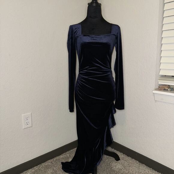 NASHALYLY Bodycon Mermaid Dress Women Small Navy Velvet Ruched Ruffle Side Split - Picture 1 of 8